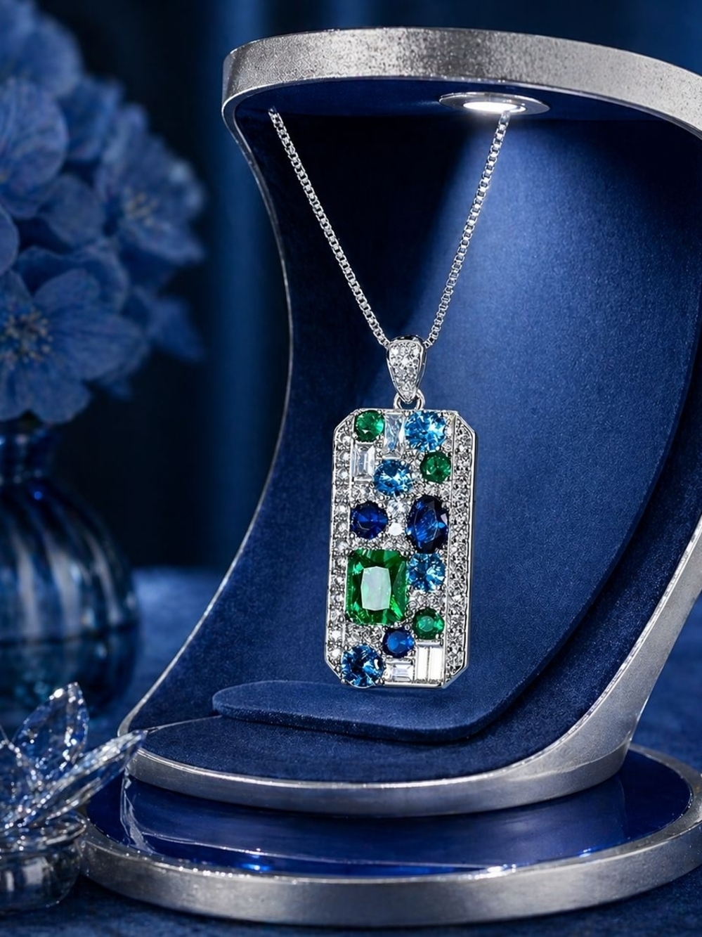 Silver Pendant Necklace with Blue & Green Gemstones - Women Jewelry - Picture 2 of 7